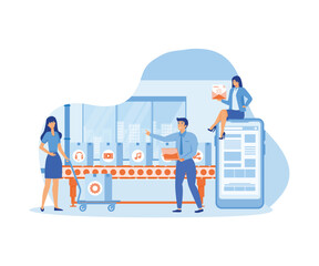 A production line with workers, automation and user interface concept. connecting, loading a smartphone and sharing media data with a system. flat vector modern illustration