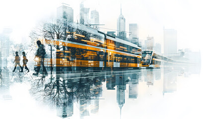 Double Exposure Travel groups and cities with rail transport