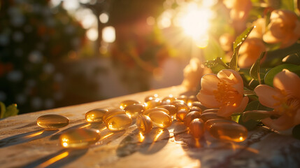 Vitamin D supplements are arranged in a sunny, outdoor setting.