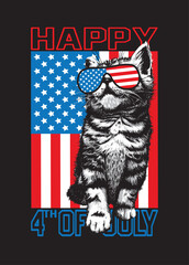 Kitten cat  with sunglesses and slogan Happy 4th of july. Print for  t shirt. Independence day vector illustration.