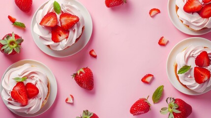 Ice cream strawberry shortcake dessert on white plate copy space pink isolated