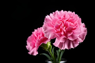 Two pink carnations in vase on black