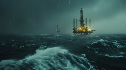 Offshore Oil Rig Illuminating Stormy Seas with Beacon of Safety