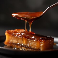 Close-up of a spoon breaking through a caramel dessert, revealing the gooey caramel layer inside, set against a dark, moody background.