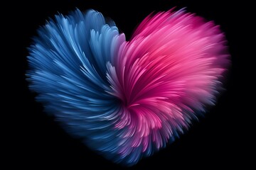 A blue and pink heart made of feathers.