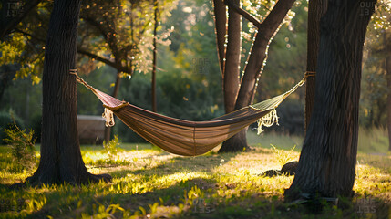 A hammock tied between the trees in a comfortable forest atmosphere.
