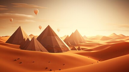 A group of pyramids in the desert with hot air balloons floating above them.
