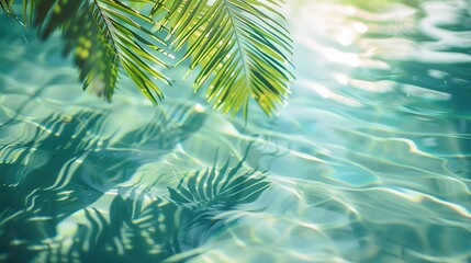 Fototapeta na wymiar Water surface with Shadow of palm leaves on clean water. Water panoramic banner background.