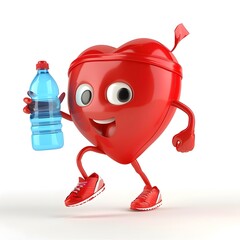 Cheerful Heart Character Jogging with Water Bottle on Isolated Background - 798630512