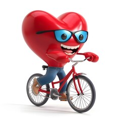 Cheerful Heart Character Riding Bicycle with Helmet and Sunglasses on White Background - 798630519