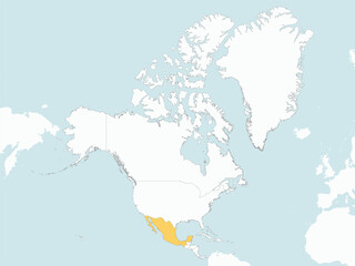 Orange detailed blank political map of MEXICO with blue water surfaces using orthographic projection of the white North American continent