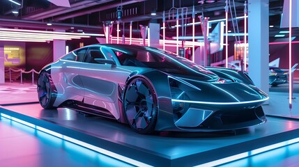 Sleek and Futuristic Electric Vehicle Showcased on High-Tech Display Platform with Neon Lights