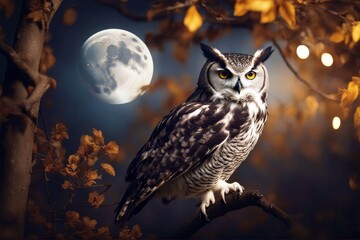 'full halloween illuminated moon night intently owl watches silence hoot wise smart holiday moonlit mysterious silhouette imagination tree wildlife bird cloud endangered species glowing midnight copy'