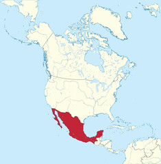 Red detailed blank political map of MEXICO with blue water surfaces using orthographic projection of the beige North American continent