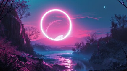 Fototapeta premium The great pink floating circle beyond the river that surrounded with a lot amount of the tall mountains at the dawn or dusk time of the day that shine light to the every part of the picture. AIGX03.