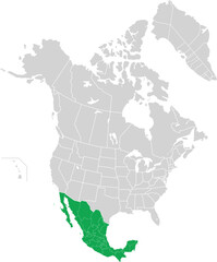 Green detailed blank political map of MEXICO with white state borders on transparent background using orthographic projection of the light grey North American continent