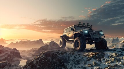 Rugged Off-Road SUV Traversing Rocky Landscape at Dramatic Sunset