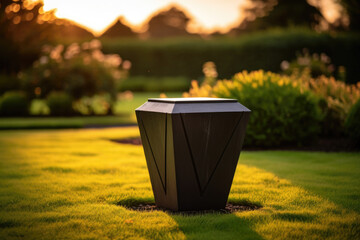 Dark pedestal in lush green field under sunlight. Wooden empty platform, product podium in green garden, illuminated by sunset warm hues, outdoor natural setting for display