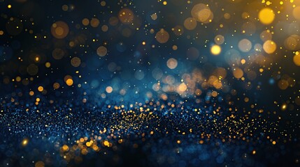 abstract blue and gold background with particles. golden light sparkle and star shape on navy blue background.