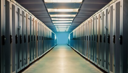 Data center corridor with illuminated server racks