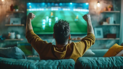 Happy man sits on the sofa with his back facing the TV which is showing a football match
