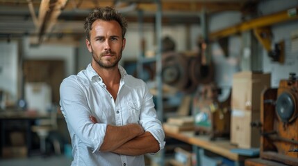 Fototapeta premium A man in a white shirt stands in a workshop with his arms crossed