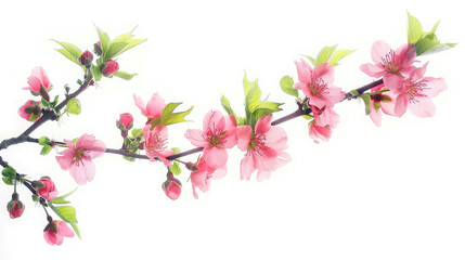 Single pink cherry blossom branch with pink flowers and buds ,Macro shot of almond blossom or sakura branch with pink flowers, leaves and petals, blossoming apricot tree branch on white background 