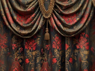 A vintage motif displayed as a draped curtain in an antique shop with soft lighting accentuates retro textiles