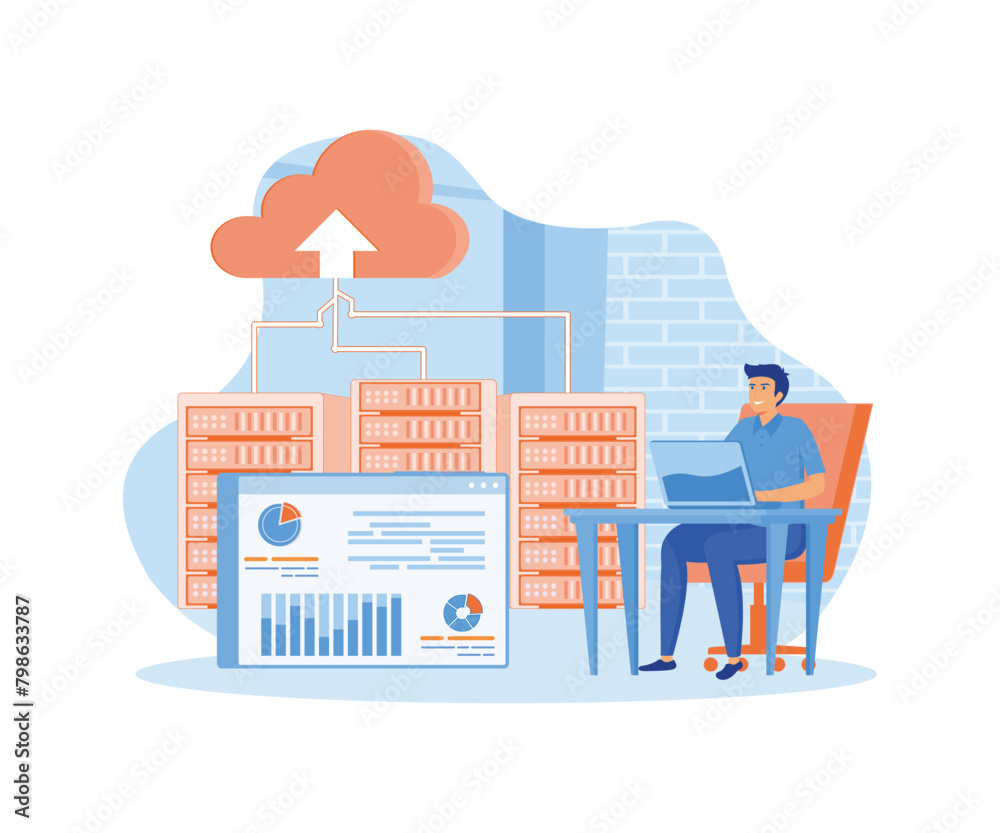 Poster data center technology concept with outline people scene. man engineer maintains server room and con