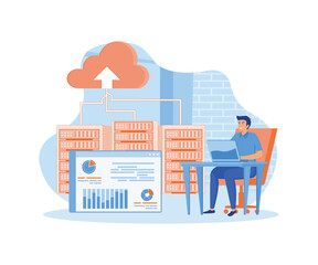 Data center technology concept with outline people scene. Man engineer maintains server room and controls performance of hardware on dashboard. flat vector modern illustration