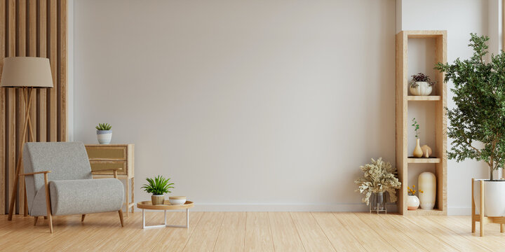 Fototapeta Minimal room with an armchair on empty white wall background- 3D rendering