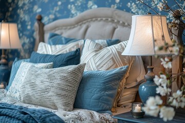 Vintage wallpaper, retro wall decor, ornate floral design, adorning an elegant bedroom with antique furniture and soft lighting