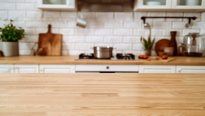 Wood table top on blur kitchen counter with window (room)background.For montage product display or...