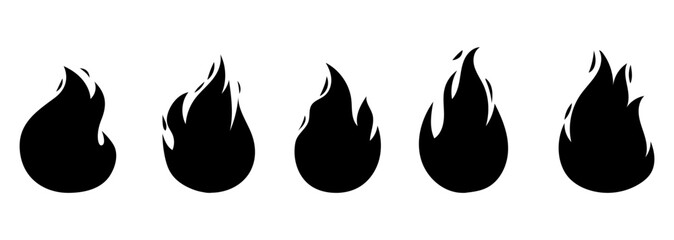 Vector bright burn flame black shape icon set isolated on white background. Hot fire flat silhouette clipart sings collection. Burning fireball signs.