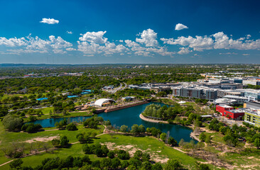 Aerial View of Mueller Lake Park and Old Airplane Hangar