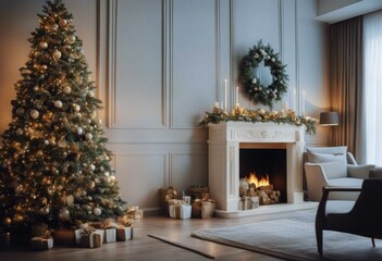 beautiful Christmas decorative tree room interior Stylish fireplace