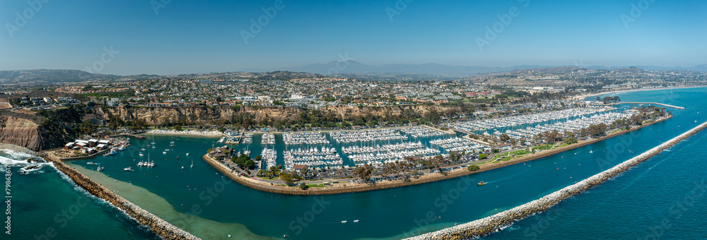 Poster aerial panoramic view of dana point harbor and jetty with many boats - Posters