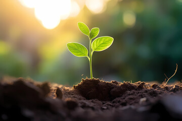 Close Up of a Young Plant Bathed in Morning Light. Embracing the Energy of New Beginnings. Cultivating Agriculture and Eco Living 