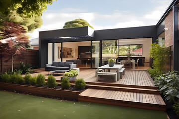 The renovation of a modern home extension in Melbourne includes the addition of a deck, patio, and courtyard area. 