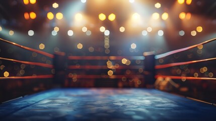 empty boxing ring illuminated by spotlight on blurred  backdrop 