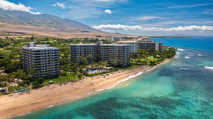 Aerial View of Maui Beach Resorts and Turquoise Ocean