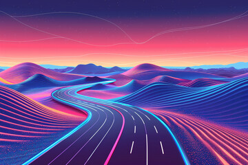 Retro style illustration of highway between sand dunes on sunset background - obrazy, fototapety, plakaty
