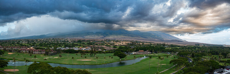 Panoramic Aerial View of Maui Golf Course and Storm Clouds