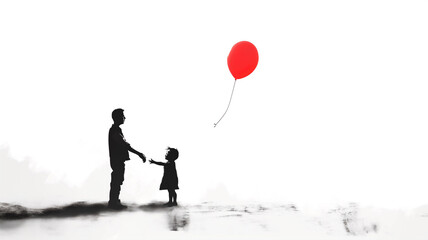 Silhouettes of an adult and child with a red balloon against a misty white backdrop.