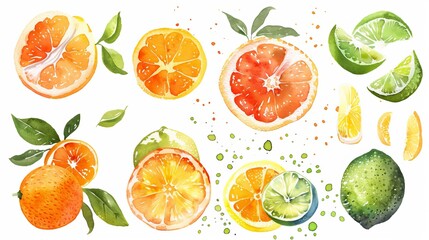 Summery orange fruit set with watercolor style. Fresh citrus fruits and orange slices on a white background.
