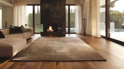 Modern Living Room with Fireplace and Garden View