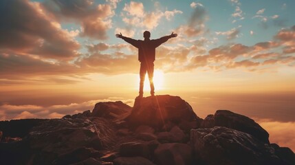 Triumphant Person on Mountain Peak at Sunset