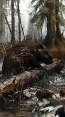 Diligent Beaver Constructing Dam on Rushing River