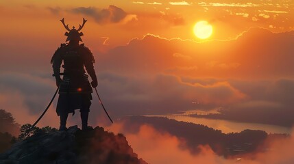 Majestic samurai in full armor standing on a misty mountaintop, sunrise illuminating the scene, a symbol of honor and strength