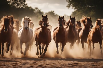 'herd clouds dust run horse group animal running nature wild ranch strong summer sand speed mammal moving gallop white farm arabian freedom australian sky fast motion equine bay power force free' - obrazy, fototapety, plakaty